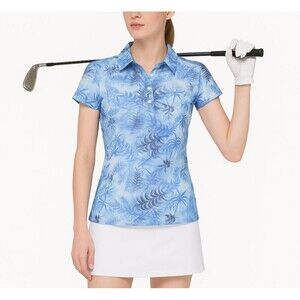 Daily Sports Blue Palm Print Polo Shirt Size M Tropical Short Sleeve Golf Active